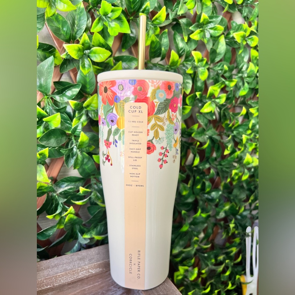 New!! Rifle Paper Floral Corckscicke Cold Cup XL Gold Straw